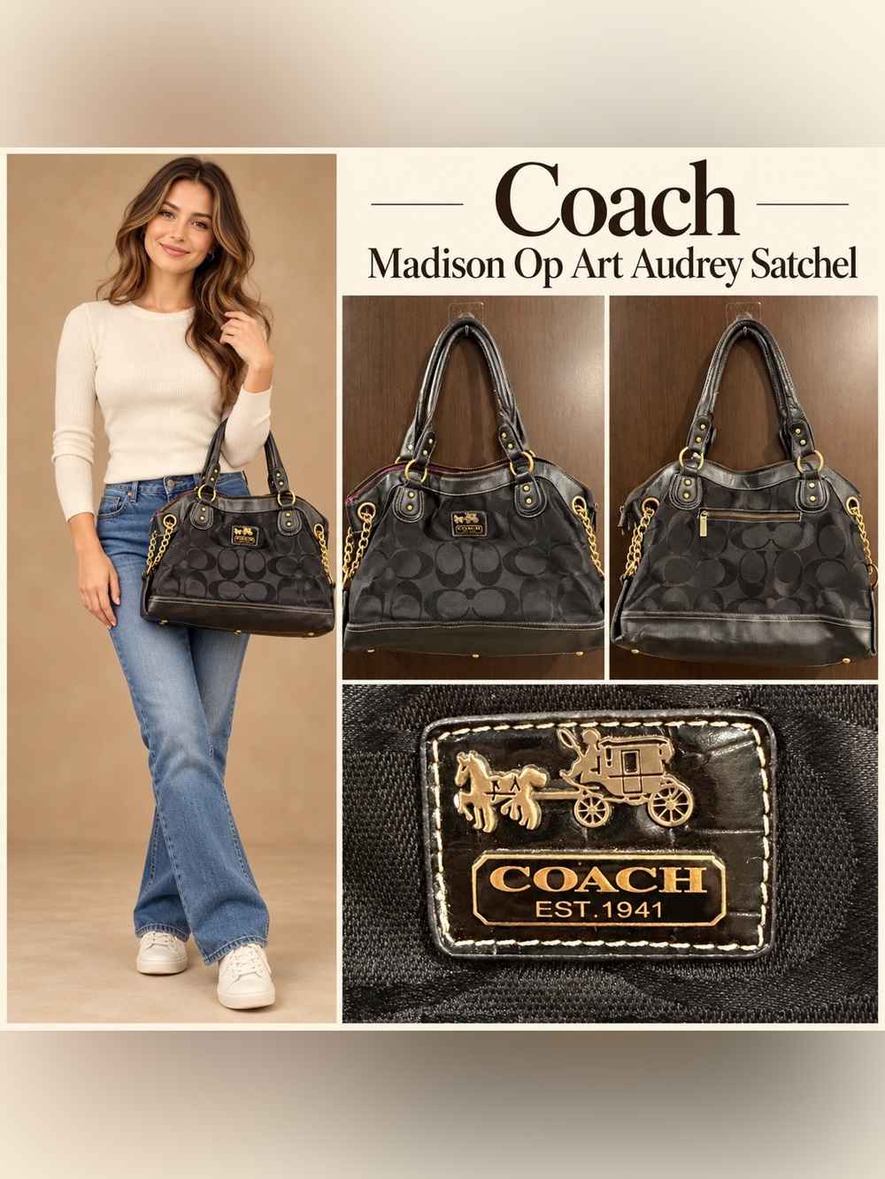 Coach Black Madison Op Art Audrey Satchel with Gold Hardware